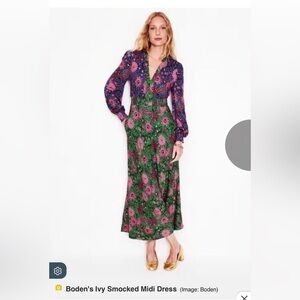 Boden Ivy Midi Dress V- Green Ivy Smoked- Multicolor Size 4P long Sleeves